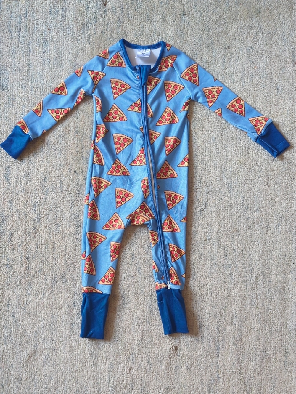 NWOT Blue Pizza Print One-Piece Pajamas - Long Sleeve Footless Two Way Zip
